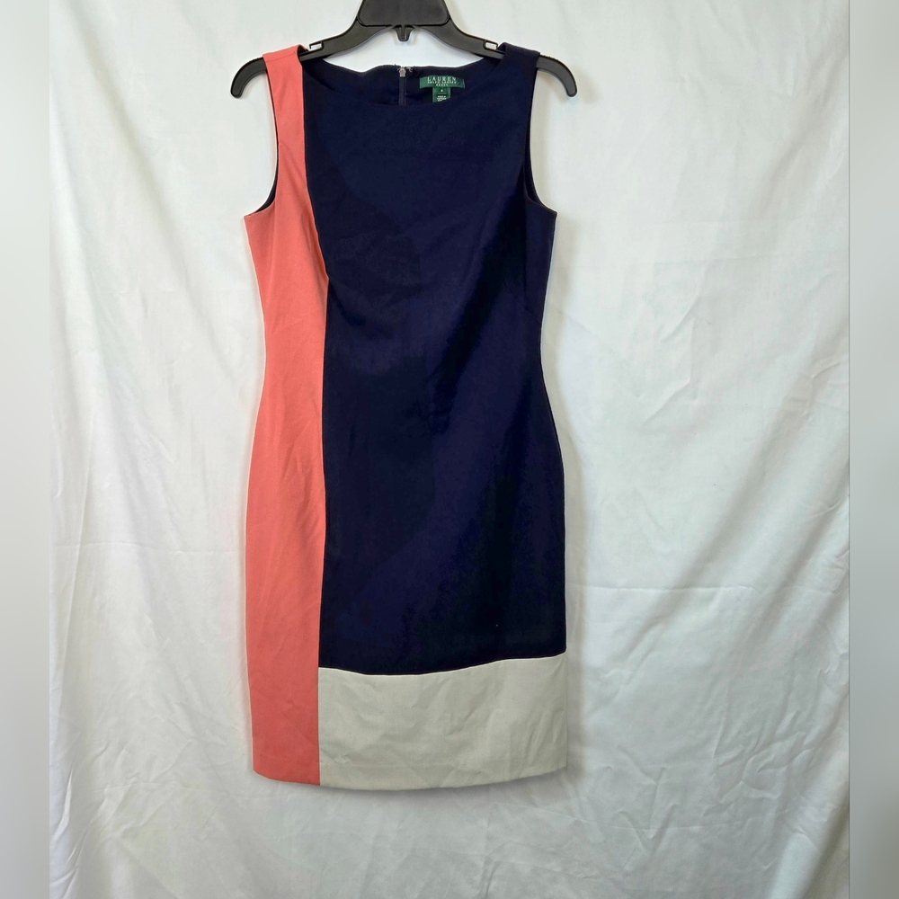 Lauren Ralph Lauren Womens Navy Beige Coral Colorblock Sleeveless Career Dress 6